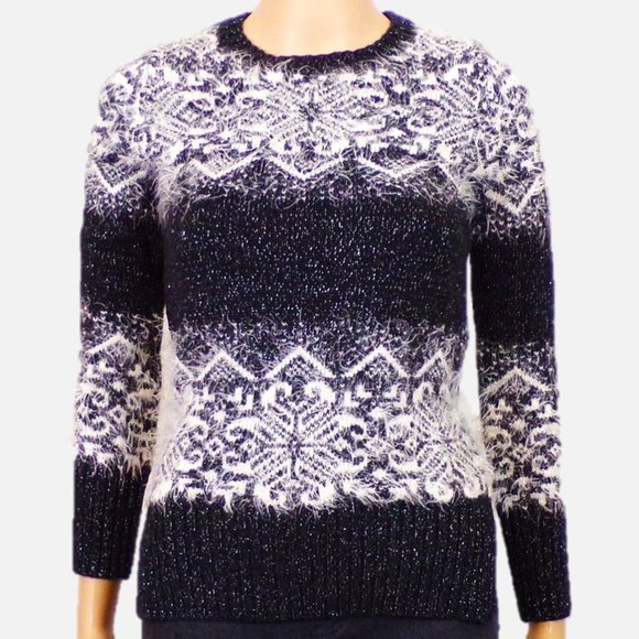 ISAAC MIZRAHI size M (10 - 12) black/white/silver-metallic fuzzy sweater - Picture 1 of 16